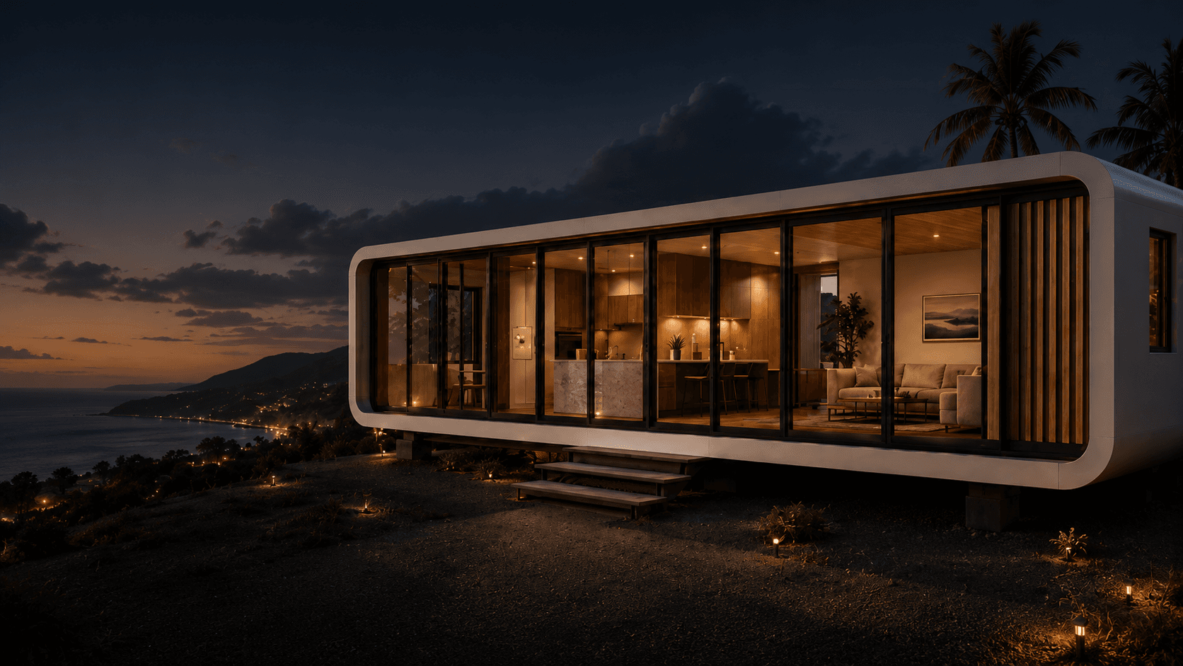 NanoNest modular home on a Puerto Rico coastline at dusk